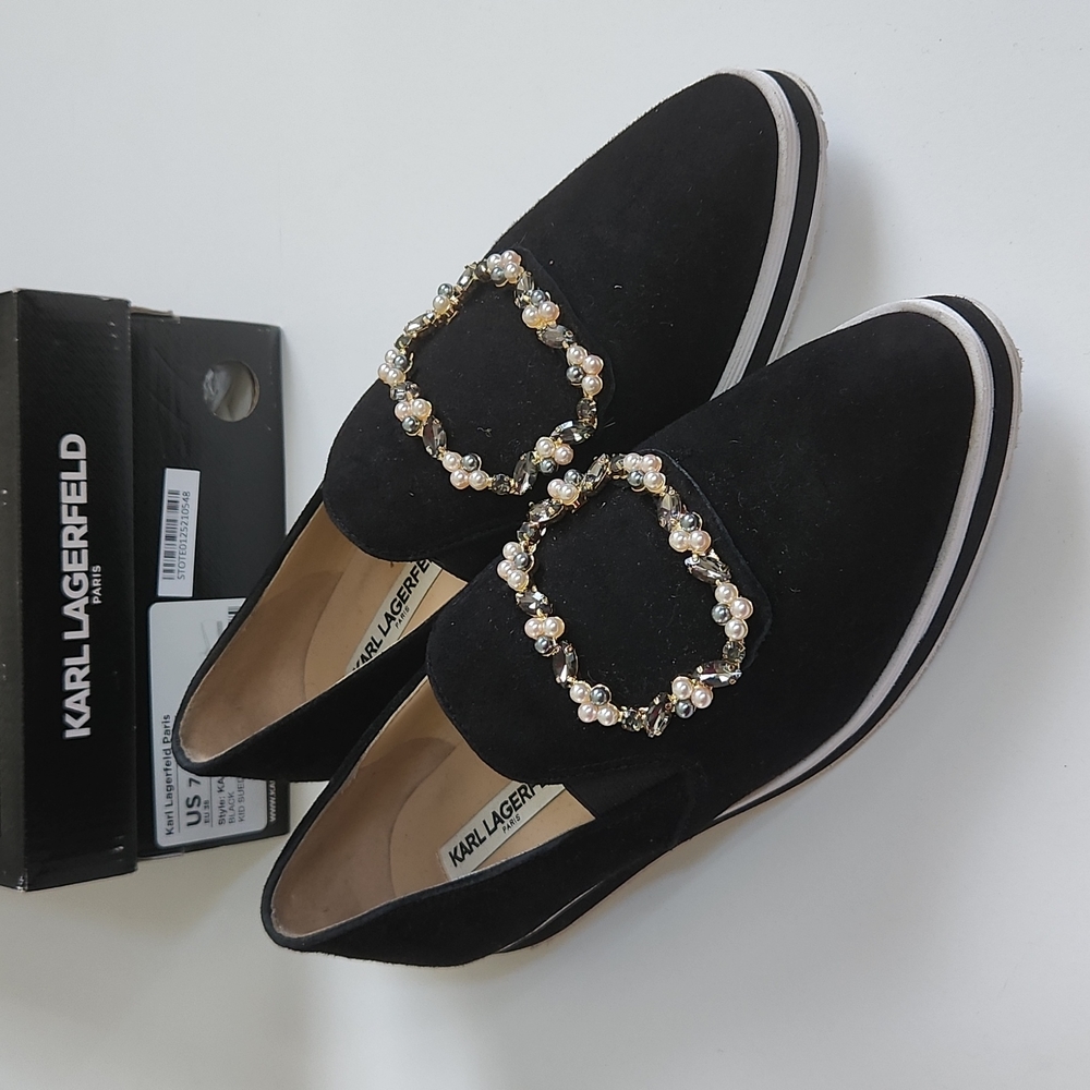 Karl Lagerfeld Kalana Black Suede Pearl Shoes Size 7.5